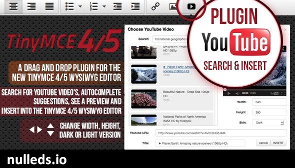 TinyMCE 4 and 5 plugin Youtube search and insert