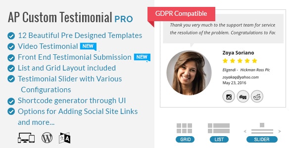 AP Custom Testimonial Pro -  Plugin To Showcase User/Google Places Testimonials for WordPress